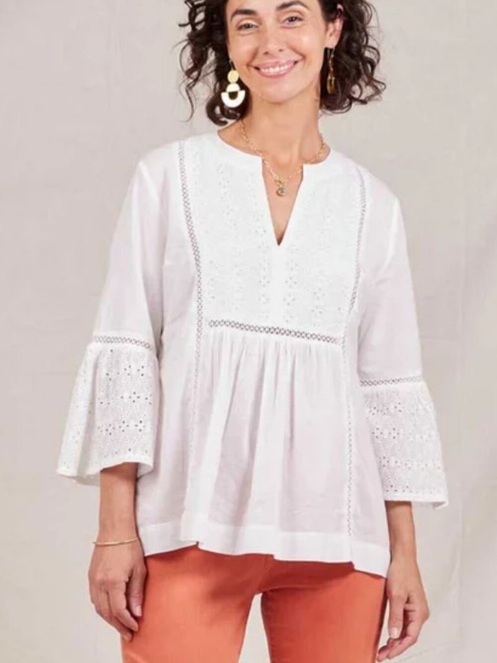 Rockflower Paper White Eyelet Bell Sleeve Peasant Top Size M 100% COTTON